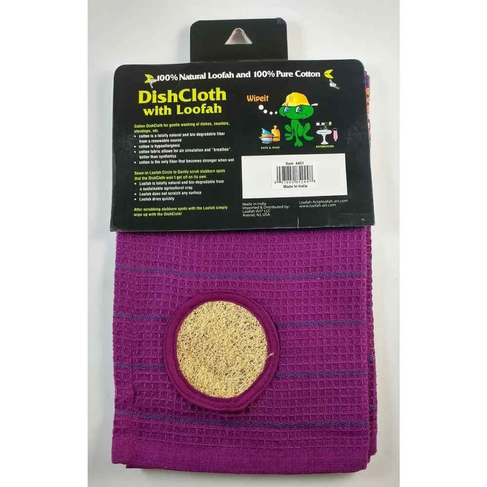 Kitchen Dishcloth Purple 100% Natural Cotton With Built In Loofah Scrubber
